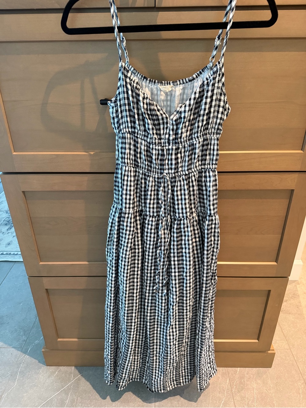 Gingham Spaghetti-Strap Maxi Dress in Black and White